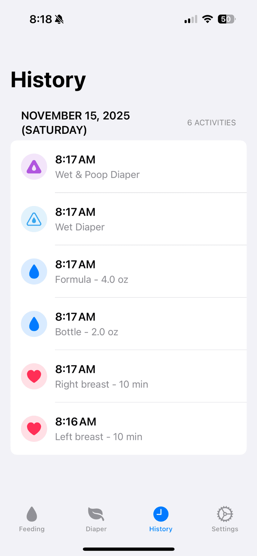 Mommy's Log - History View