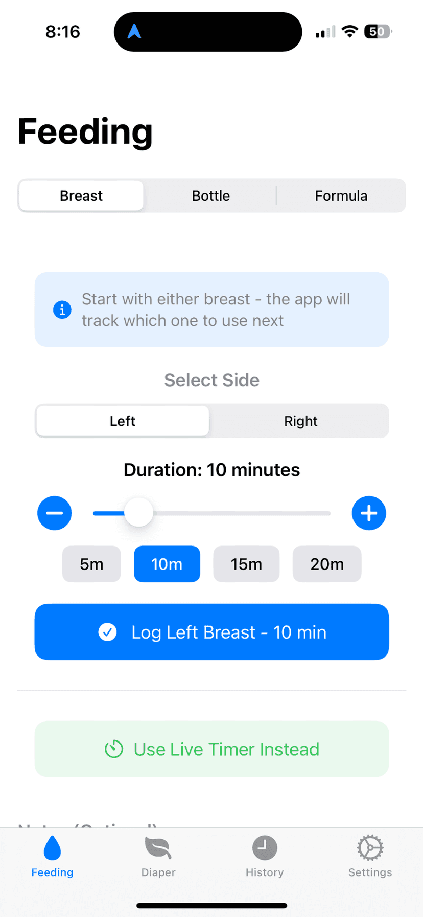 Mommy's Log - Main Feeding Page